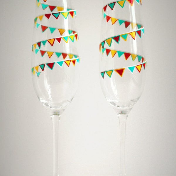 Colorful Pendant Banner Champagne Flutes - Set of 2 Personalized Toasting Flutes - Carnival Themed Party