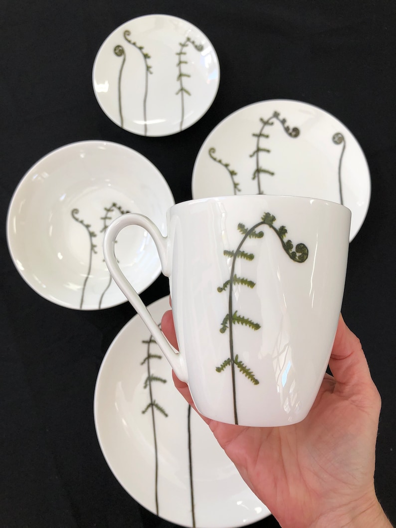 Fiddlehead Fern Porcelain Plates Pressed Botanical Dishes 3 Plate + Bowl + Mug