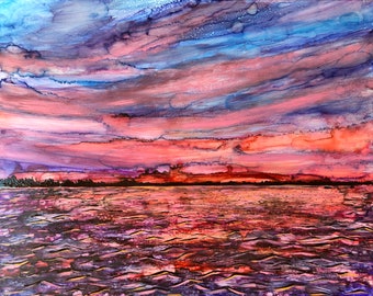 Vivid Lake View at Sunset: Fine Art Print from mixed media painting