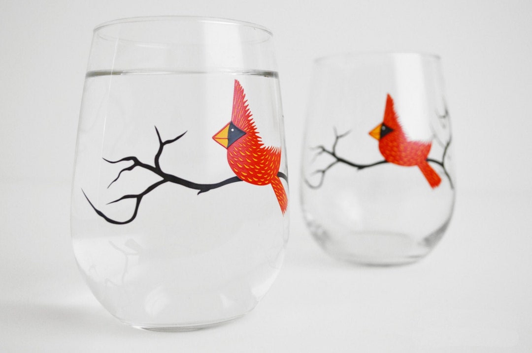 Red Cardinal Wine Glasses Set of 2 Red Bird Glasses, Christmas Glasses