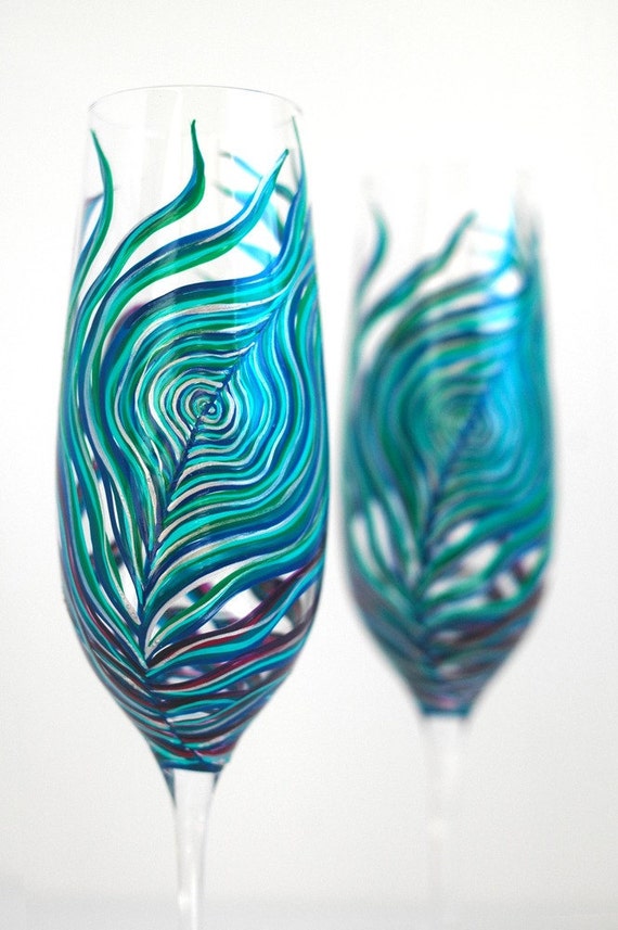 peacock feather wedding champagne flutes set of 2 etsy