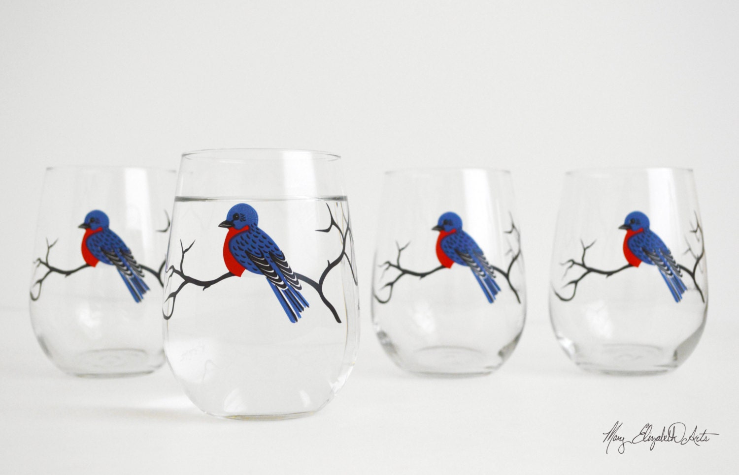 Bluebird Stemless Wine Glasses Bird Glasses Silk Screen Etsy