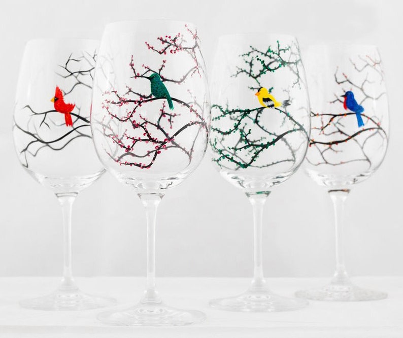 Seasonal Birds Wine Glasses Cardinal Bluebird Yellow Finch Etsy