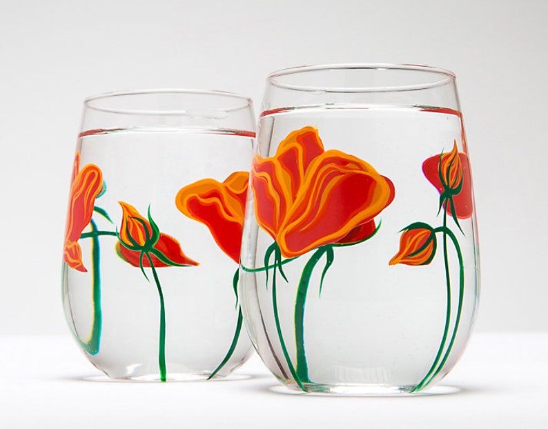 California Poppy Stemless Wine Glasses Hand Painted Gifts for Her, Mothers Day Glassware, Orange Flower Floral Glass image 4