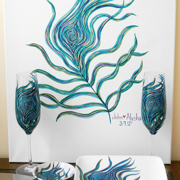 Personalized Peacock Wedding 7 Piece Collection - Toasting Flutes, Ring Dish, Cake Plate, Cake Cutters and Guest Signature Painting