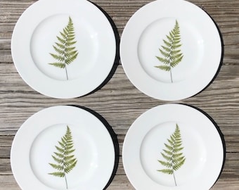 Set of 4 Summer Fern Porcelain Plates - Limited Edition Collection, Rimmed Plate Design