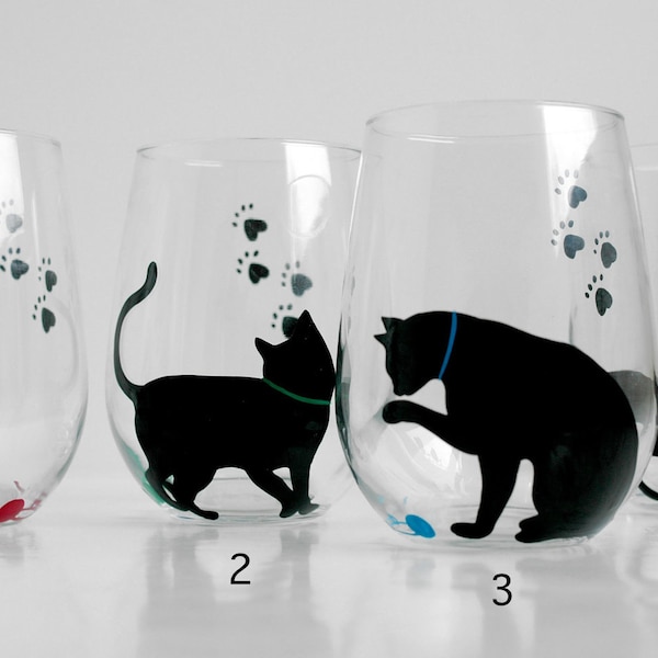 Cat and Yarn Stemless Wine Glasses - Set of 2 Hand Painted Black Cat Glasses, Cats, Cat Glasses, Cat Lover, Black Cats, Hand Painted Glass