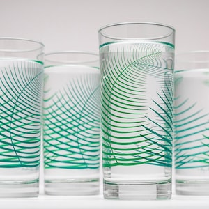 Green Fern Cocktail Glasses - Highball Glassware, Tropical Hostess Gift, Silkscreened Barware