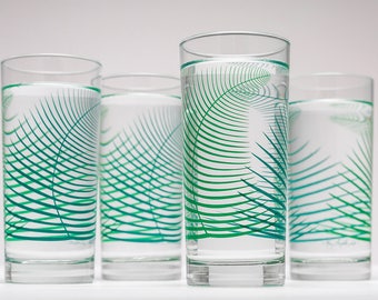 Green Fern Cocktail Glasses - Highball Glassware, Tropical Hostess Gift, Silkscreened Barware