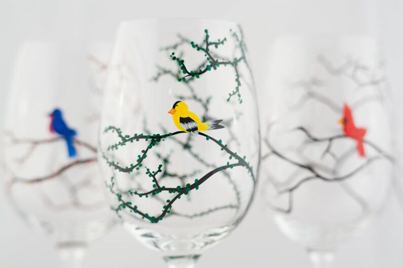 Seasonal Birds Wine Glasses Cardinal Bluebird Yellow Finch Etsy