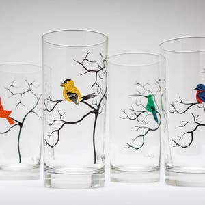 Four Birds Glassware 4 Everyday Water Glasses, Bird Glasses, Cardinal, Bluebird, Golden Finch, Hummingbird, Gifts for Her, Bird Lover image 4