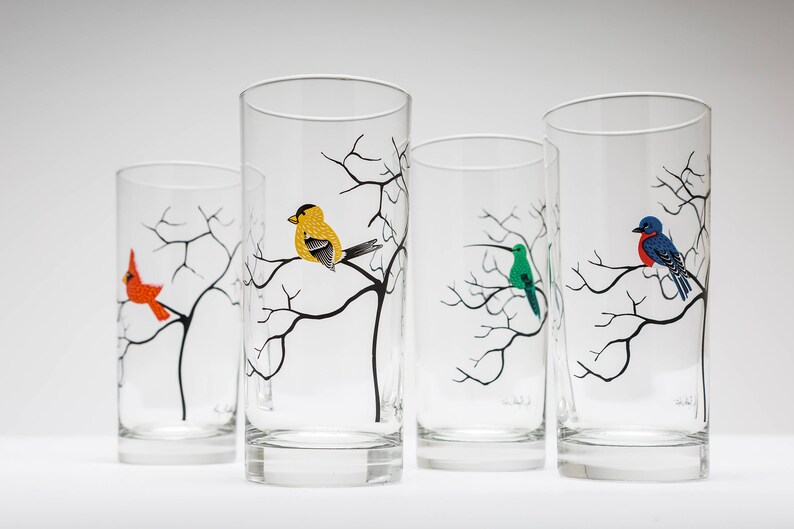 Four Birds Glassware 4 Everyday Water Glasses, Bird Glasses, Cardinal, Bluebird, Golden Finch, Hummingbird, Gifts for Her, Bird Lover image 4