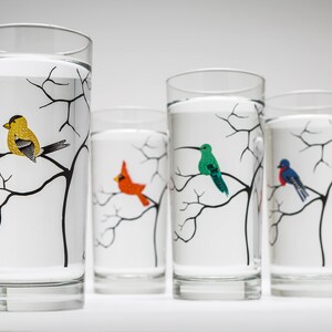 Four Birds Glassware 4 Everyday Water Glasses, Bird Glasses, Cardinal, Bluebird, Golden Finch, Hummingbird, Gifts for Her, Bird Lover image 5