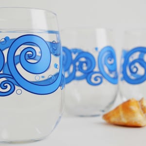 Ocean Waves Stemless Wine Glasses - Set of 4 Beach Themed Glassware, Beach Wedding, Silkscreened Drinking Glass Set