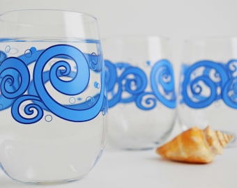Ocean Waves Stemless Wine Glasses - Set of 4 Beach Themed Glassware, Beach Wedding, Silkscreened Drinking Glass Set