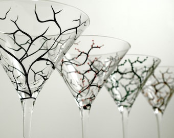 The Four Seasons Martini Glasses - Hand Painted Glasses with Winter, Summer, Spring and Fall on 4 Painted Martini Glasses