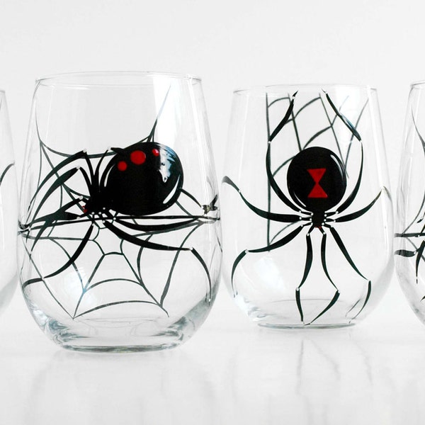 Black Widow Spider Stemless Wine Glasses - Set of 4 Hand Painted Halloween Glasses