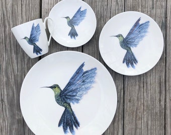Hummingbird Porcelain Plates, Bowls and Mugs, Durable and Dishwasher Safe Artist Made Dishes