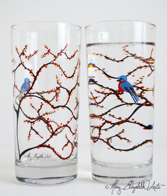 Autumn Bluebird Glassware Set of 2 Everyday Drinking Glasses, Bluebird  Glasses, Bluebird Glass, Bluebird Glassware, Fall Wedding Glasses 