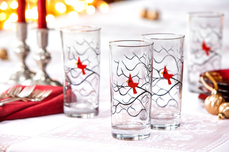 Christmas Cardinal Glassware  Set of 4 Christmas Glasses  image 1