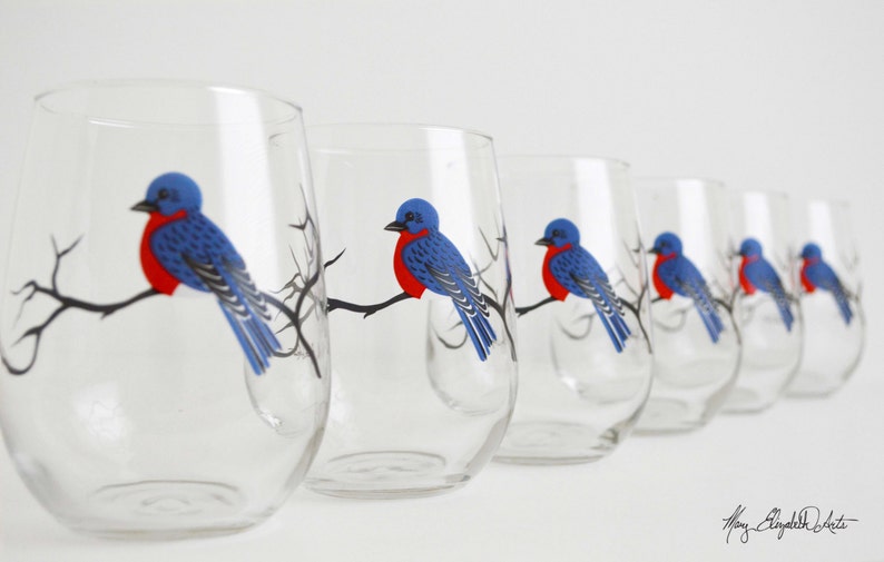 Bluebird Stemless Wine Glasses Bird Glasses Silk Screen Etsy