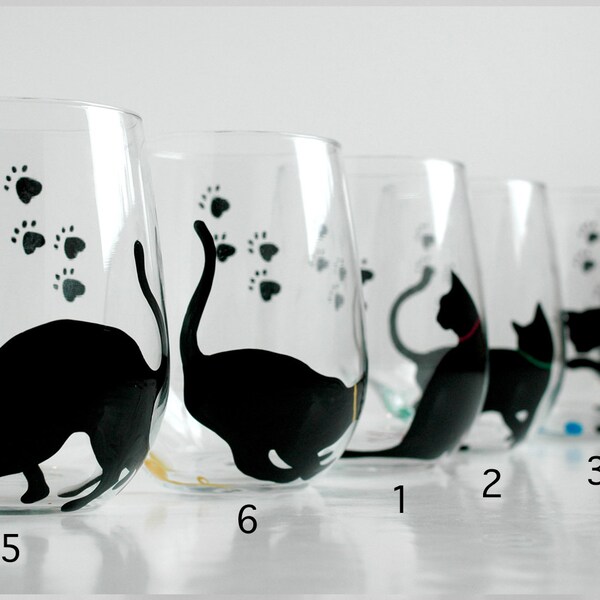 Black Cat Stemless Wine Glasses - Set of 2 Hand Painted Black Cat Silhouette Glasses