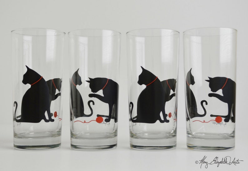 Set of 4 Cat and Yarn Glasses Drinking Glasses, Water Glasses, Cat Glasses, Cat Glassware, Cats, Cat Glass, Cat Lover, Drinkware image 4
