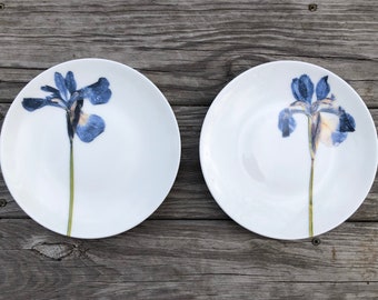 Pressed Blue Iris Plates - Set of 2 Porcelain 8 Inch Plates