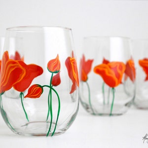 California Poppy Stemless Wine Glasses Hand Painted Gifts for Her, Mothers Day Glassware, Orange Flower Floral Glass image 6