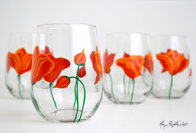 California Poppy Stemless Wine Glasses Hand Painted Gifts for Her, Mothers Day Glassware, Orange Flower Floral Glass image 6