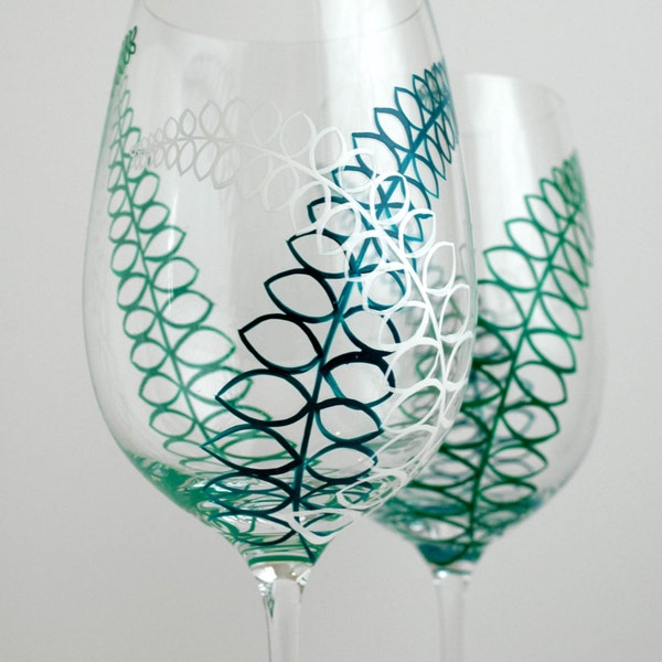 Fern Trio Wine Glasses - Set of 2 Hand Painted Fern Glasses - Green, Teal and White