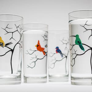 Four Birds Glassware 4 Everyday Water Glasses, Bird Glasses, Cardinal, Bluebird, Golden Finch, Hummingbird, Gifts for Her, Bird Lover image 2