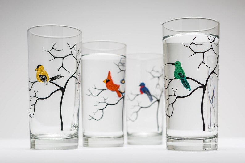 Four Birds Glassware 4 Everyday Water Glasses, Bird Glasses, Cardinal, Bluebird, Golden Finch, Hummingbird, Gifts for Her, Bird Lover image 2