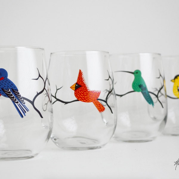 Four Birds Stemless Glassware - Red Cardinal, Hummingbird, Bluebird, Yellow Finch Glasses - Set of 4 Colorful Bird Glasses