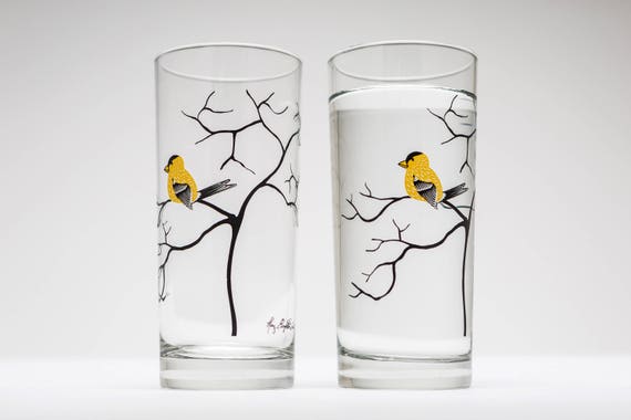 Finch Glassware Set of 2 Everyday Drinking Glasses, Mother's Day Gift,  Golden Finch, Tabletop, Mother's Day, Gifts for Her, Yellow Finch 