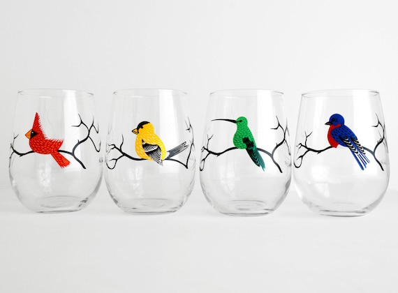 Bird Stemless Wine Glasses: Cardinal, Hummingbird, Bluebird, Finch - Set of  4 - Etsy
