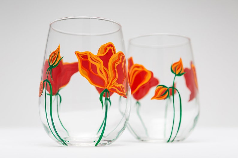 California Poppy Stemless Wine Glasses Hand Painted Gifts for Her, Mothers Day Glassware, Orange Flower Floral Glass image 3