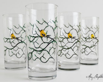 Finch Glasses - Set of 4 Everyday Glasses, Yellow Birds, Yellow Finches, Finch Glasses, Finch Decor, Finch Glasses