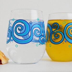 Ocean Waves Stemless Wine Glasses - Set of 2 Painted Beach Themed Glasses, Beach Wedding, Ocean Wedding, Tropical Wedding, Blue Wave Glasses