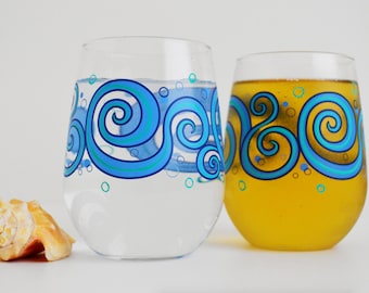 Ocean Waves Stemless Wine Glasses - Set of 2 Painted Beach Themed Glasses, Beach Wedding, Ocean Wedding, Tropical Wedding, Blue Wave Glasses