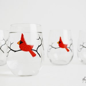 Red Cardinal Wine Glasses Set of 2 Red Bird Glasses, Christmas Glasses, Cardinal Glasses, Holiday Decor image 4