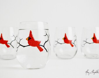 Christmas Glasses, Cardinal Stemless Wine Glasses - Set of 4 Red Bird Christmas Glasses, Cardinal Glasses, Christmas Glasses, Holiday Decor