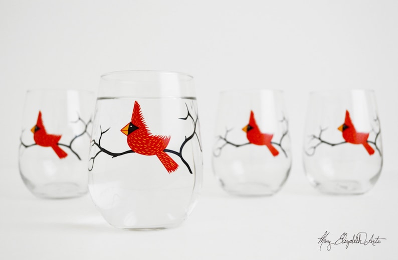 Red Cardinal Wine Glasses Set of 2 Red Bird Glasses, Christmas Glasses, Cardinal Glasses, Holiday Decor image 4