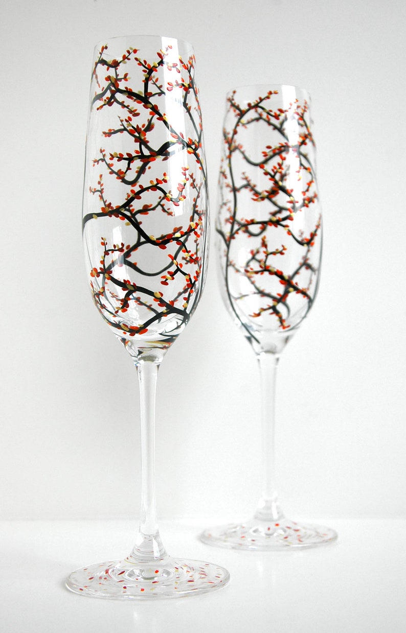 Fall Wedding Toasting Flutes Set of 2 Personalized Hand Painted Champagne Flutes Personalized Wedding Flutes, Fall Wedding Glasses image 2