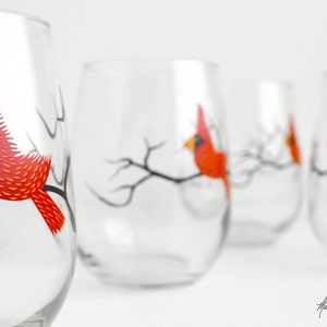 Red Cardinal Wine Glasses Set of 2 Red Bird Glasses, Christmas Glasses, Cardinal Glasses, Holiday Decor image 2