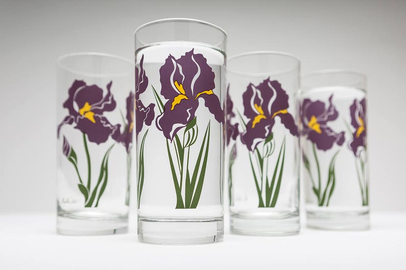 Purple Iris Drinking Glasses Set of 4 Everyday Water Etsy
