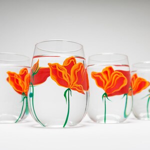California Poppy Stemless Wine Glasses Hand Painted Gifts for Her, Mothers Day Glassware, Orange Flower Floral Glass image 5