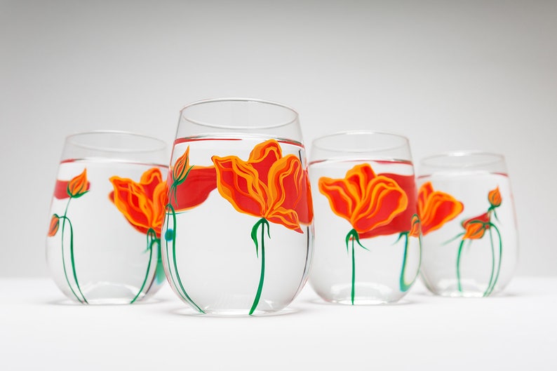 California Poppy Stemless Wine Glasses Hand Painted Gifts for Her, Mothers Day Glassware, Orange Flower Floral Glass image 5