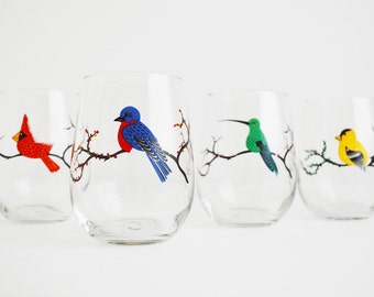 Glassware, Four Seasons Birds Stemless Painted Wine Glasses - Red Cardinal, Green Hummingbird, Bluebird, Golden Finch - Set of 4 Glasses