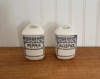 Vintage Ceramic Spice Jars Pepper Allspice Blue & White